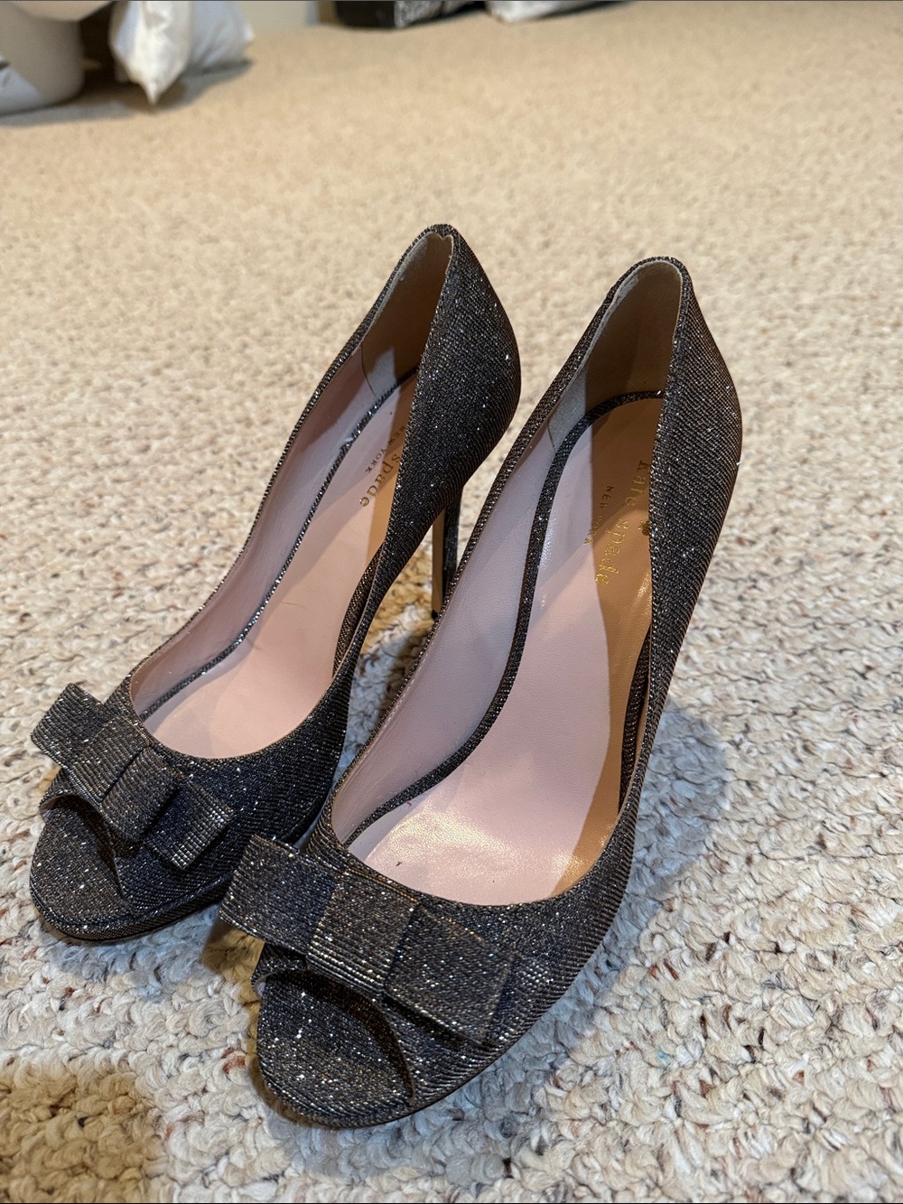 kate spade Black Glitter Peep-Toe Heels with Bow